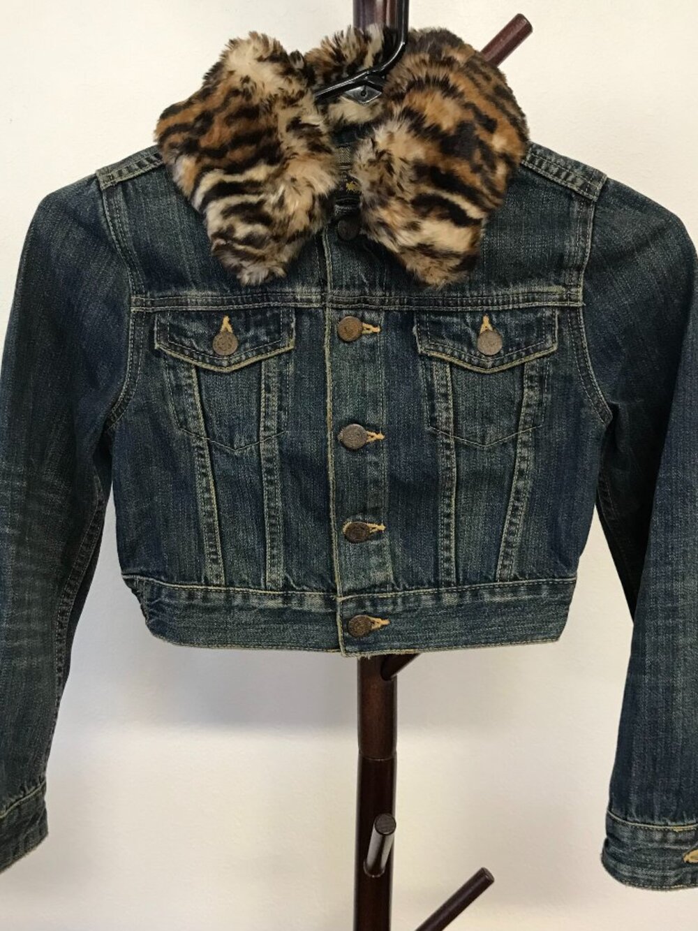 Ralph Lauren Girls Denim Jacket Size 8 NWOT Removable Faux Fur Leopard Collar